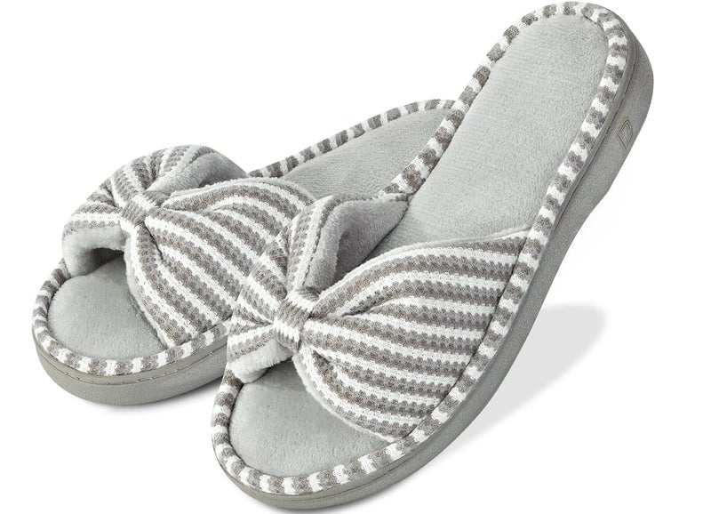 DL Women's Memory Foam Open Toe Slide Slippers with Cute Bow and Cozy Terry Lining, Slip-on House Shoes Spa Mules Sandals with Indoor Outdoor Rubber Sole, Gray, 9-10 - Image 1